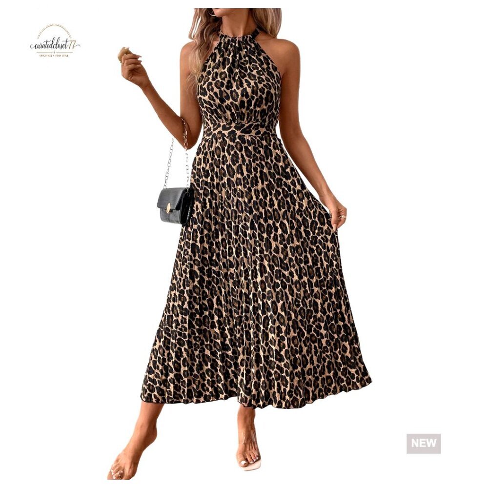 Sleeveless Halter Maxi Dress A-Line Pleated Animal Print Casual Wear